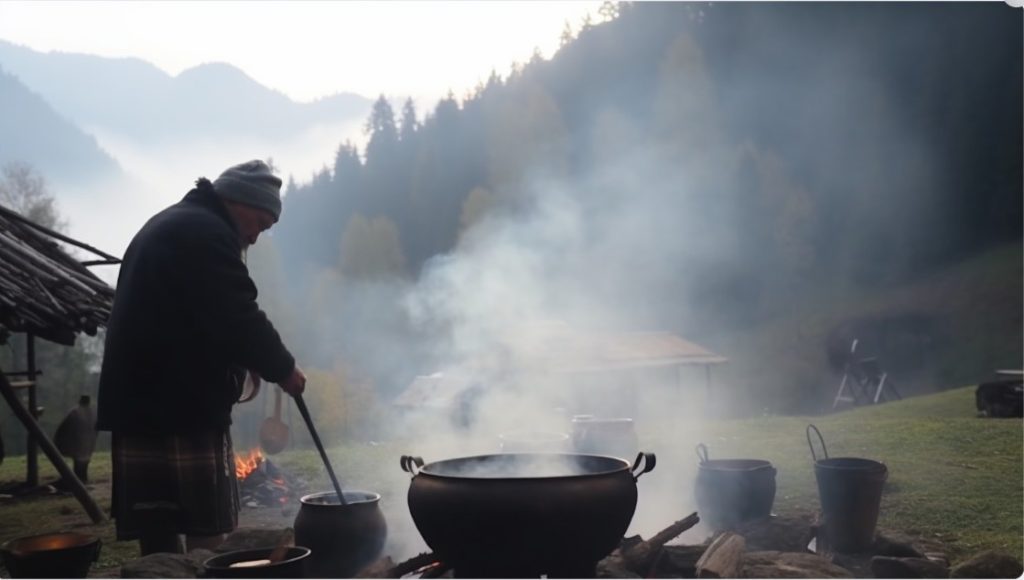 Карпатський господар готує бограч у казані на відкритому вогні