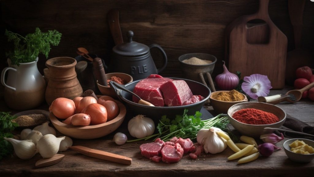 Набір інгредієнтів для бограчу — м’ясо, паприка, цибуля, часник, зелень та спеції на дерев’яному столі