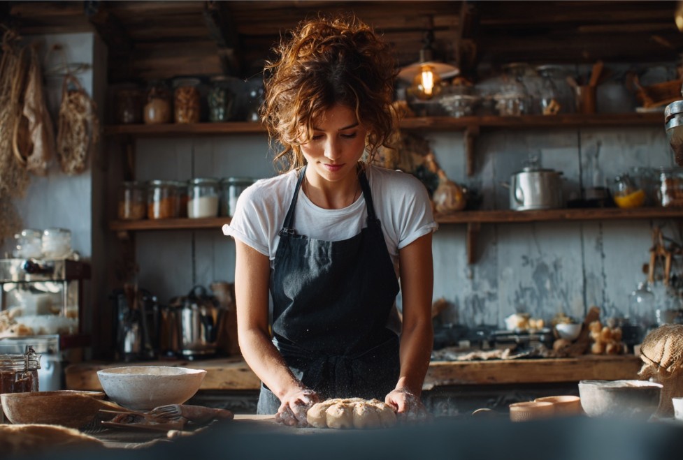 Жінка готує тісто на домашній кухні