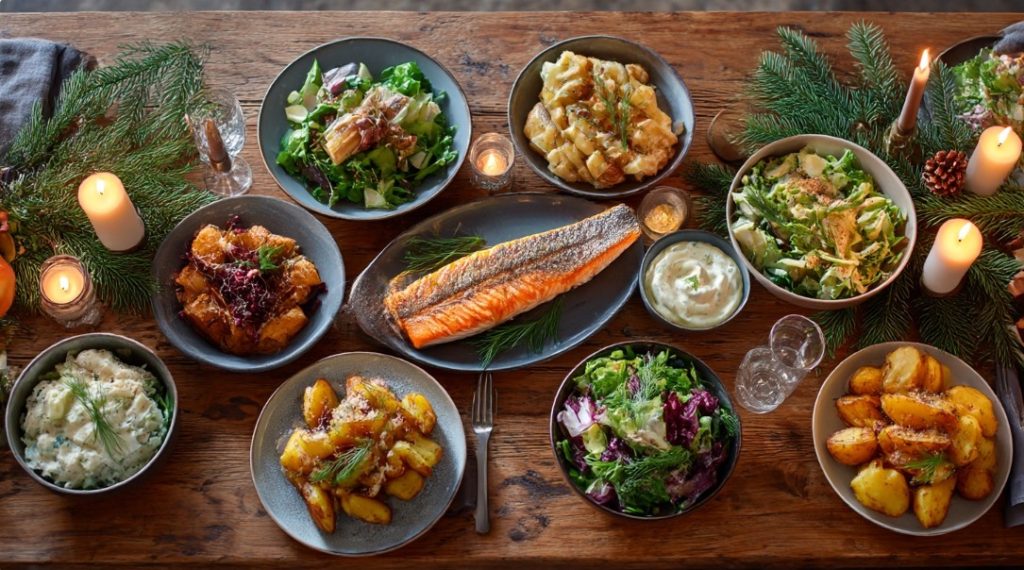 Легкий різдвяний стіл з рибою, салатами та овочами
