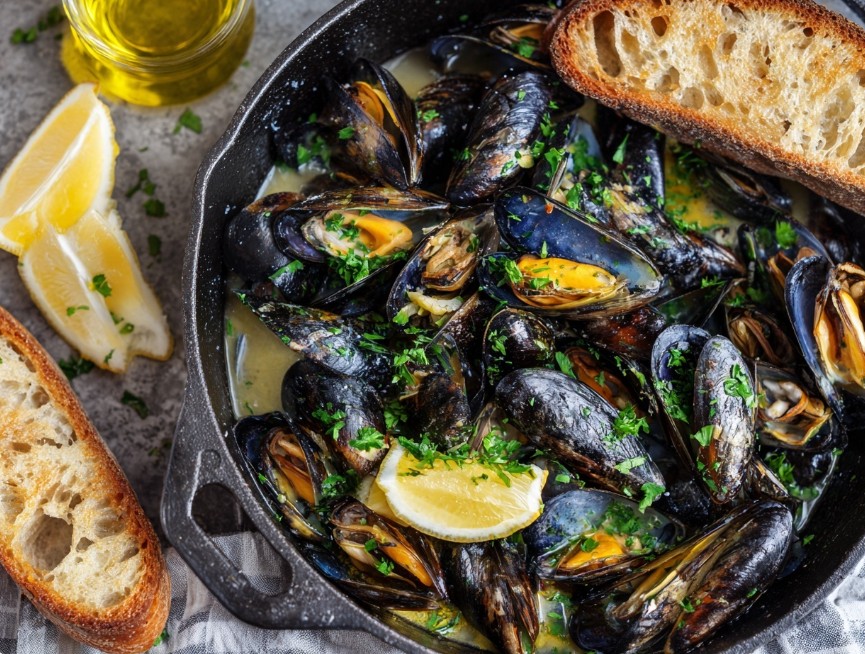 Мідії у винному соусі з часником — готова страва.