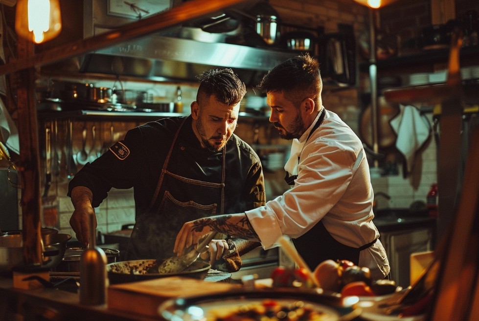 Двоє кухарів готують разом на професійній кухні