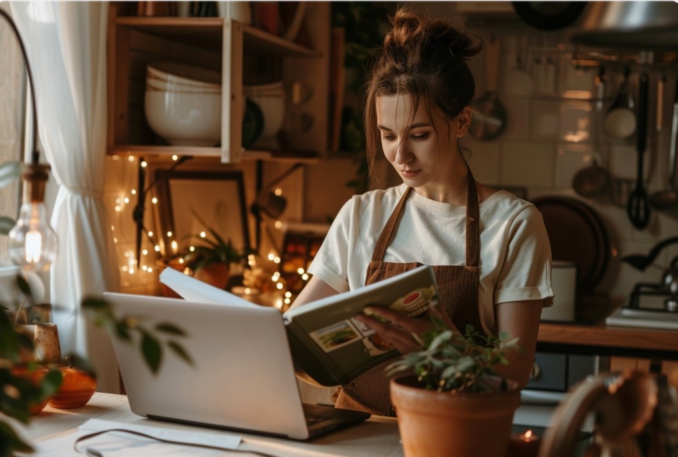 Дівчина читає кулінарну книгу біля ноутбука