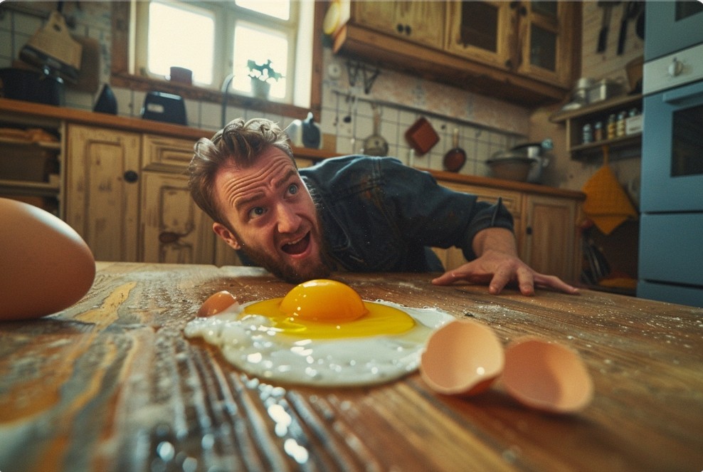 Чоловік дивиться на розбите яйце з емоцією