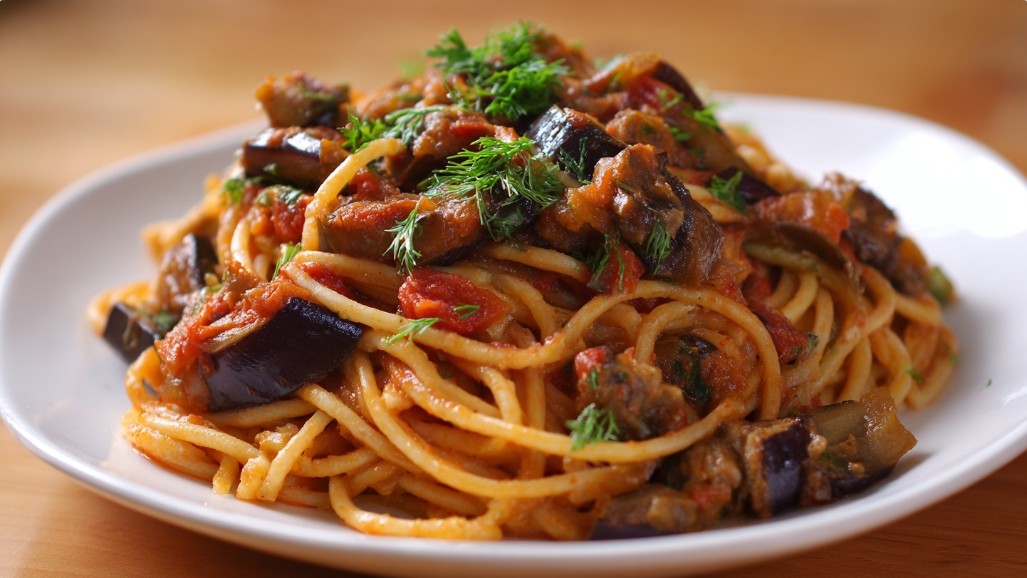 Паста з баклажанами в густому томатному соусі з зеленню.