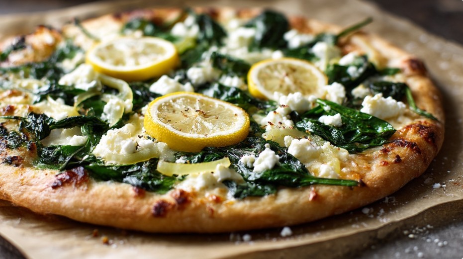 піца з молодим шпинатом, квашеним лимоном і бринзою