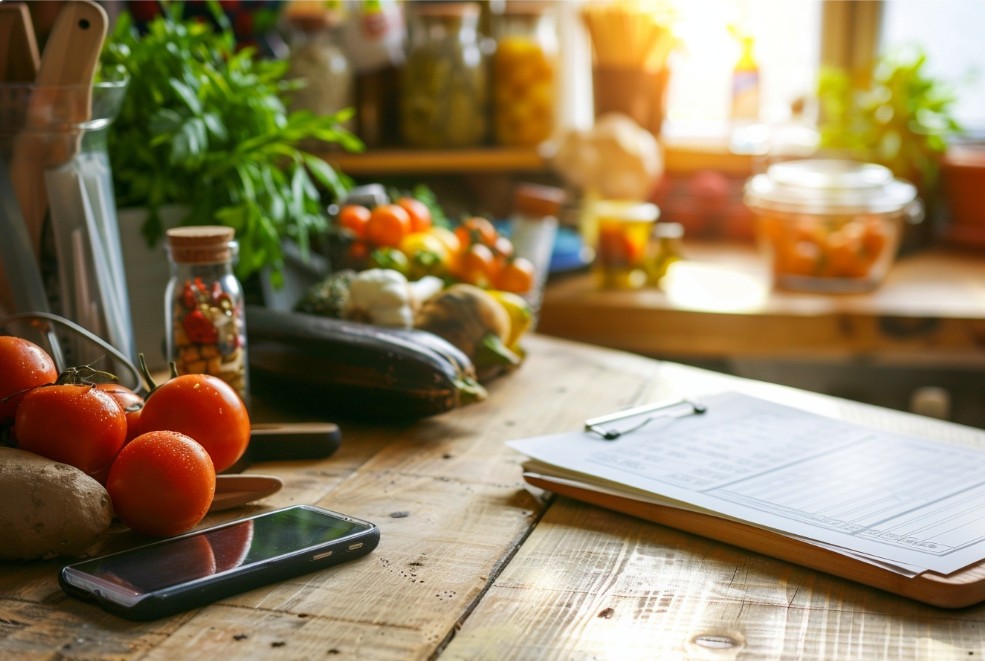 Овочі, список покупок і телефон на кухонному столі