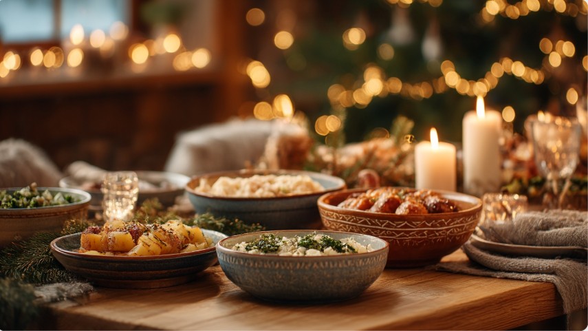 Простий різдвяний стіл з домашніми стравами