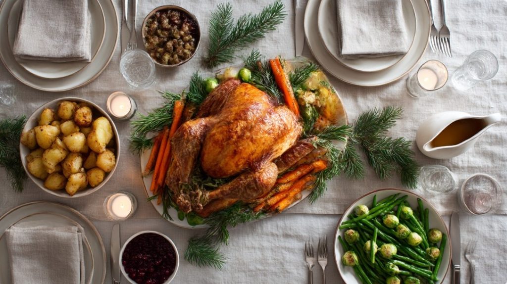 Різдвяний стіл з легкими стравами та запеченими овочами