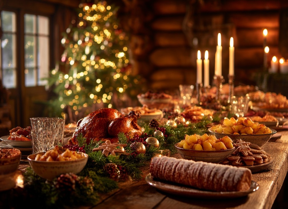 Різдвяний святковий стіл з домашніми стравами у затишній атмосфері