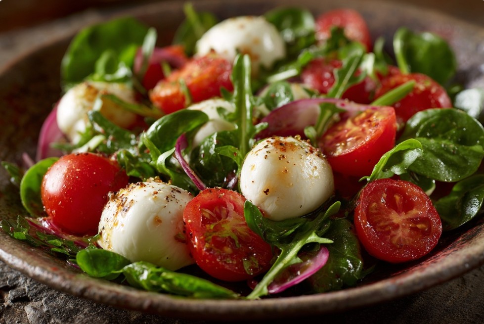 Помідори чері з моцарелою та руколою на тарілці.
