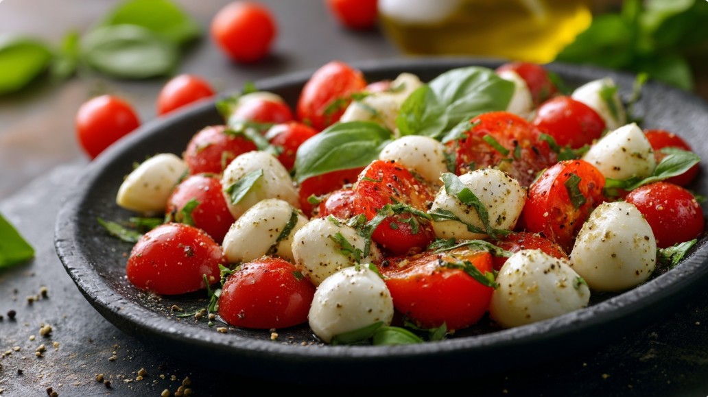 Італійський салат із моцарелою, чері та базиліком.