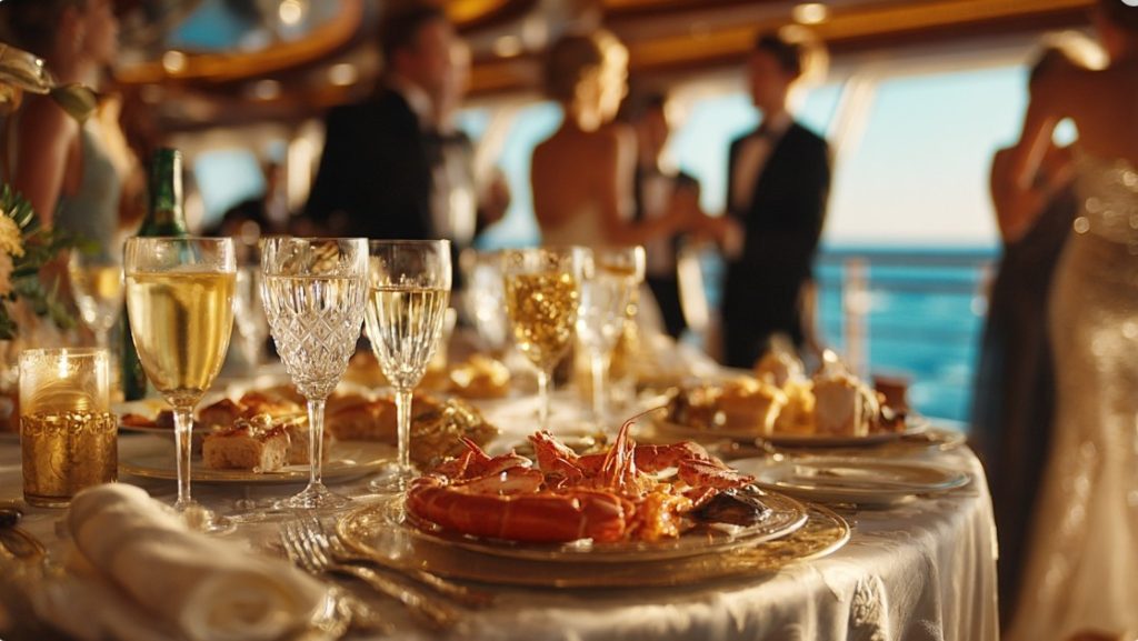 Святково накритий стіл із келихами білого вина та святковими стравами