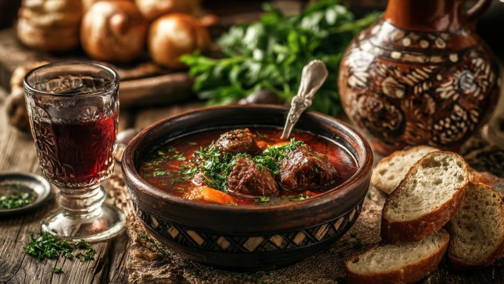 Бограч у глиняному горщику з вином та зеленню — традиційна карпатська кухня