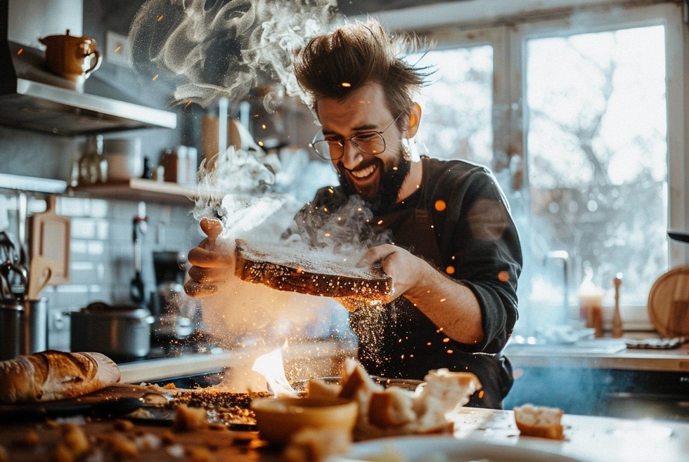 Молодий чоловік на кухні готує з вогнем, борошном і захопленням
