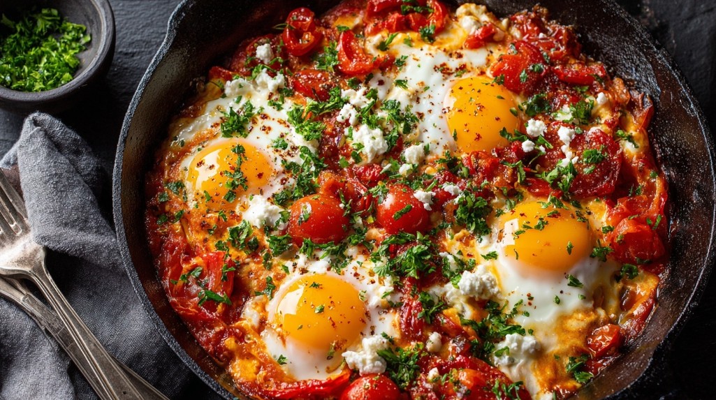 Сніданок: шакшука light з яйцями та помідорами.