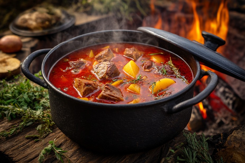 Бограч у казані на відкритому вогні з м’ясом, картоплею та паприкою