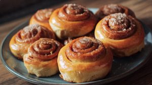 Класичні булочки з корицею з рум’яною скоринкою на тарілці