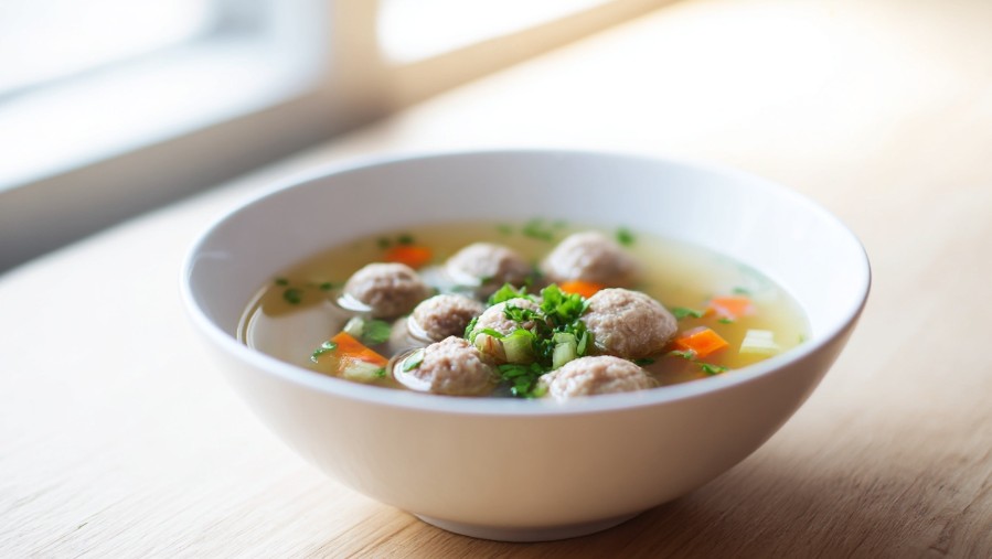 Чистий бульйон з дрібними фрикадельками і зеленню