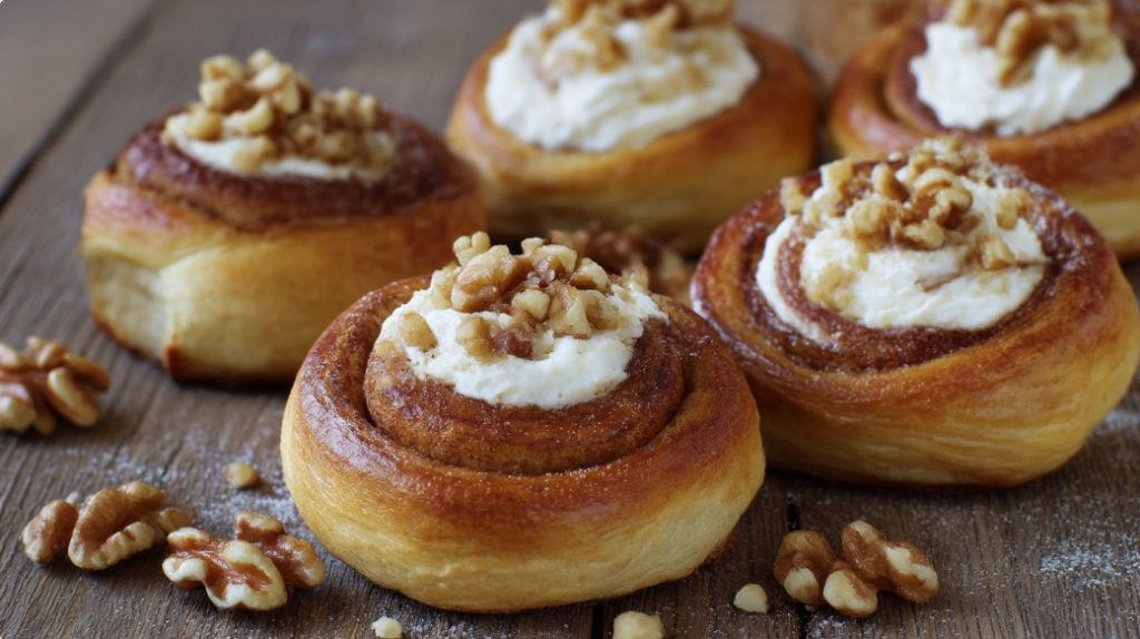 Cynamonka polana lukrem waniliowym na białym talerzu