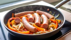Додайте сосиски до овочів на сковорідці