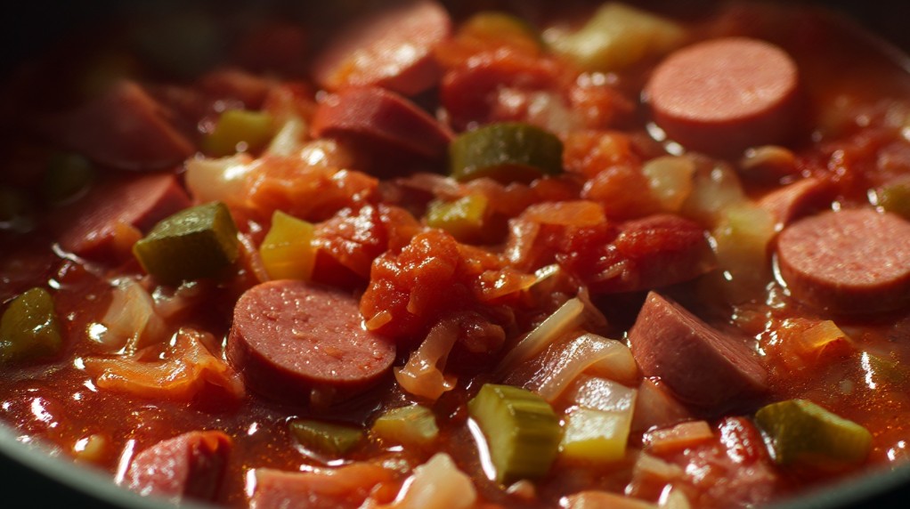 Додавання всіх обсмажених інгредієнтів у бульйон солянки