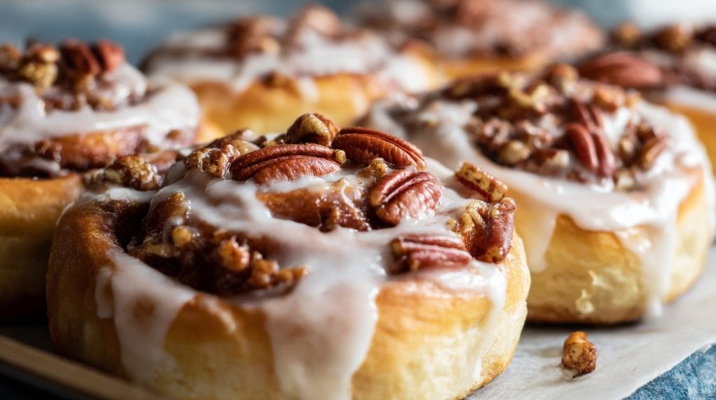 Freshly baked cinnamon rolls with icing and pecans