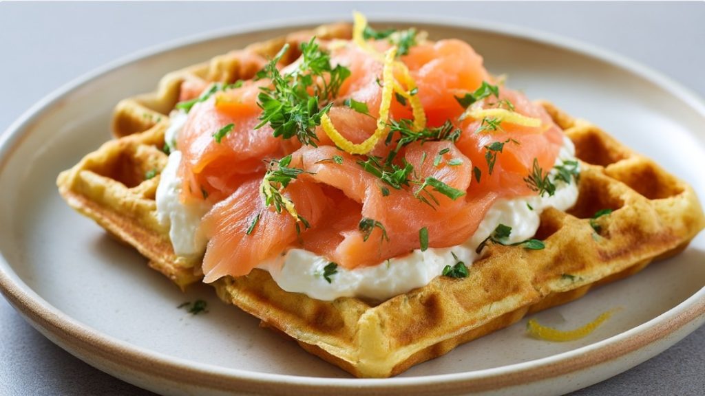 Готова порція вафель з лососем і кропом у мінімалістичній подачі.