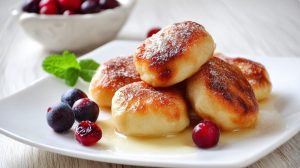 Готові сирники подавайте зі свіжою журавлиною або з ягодами