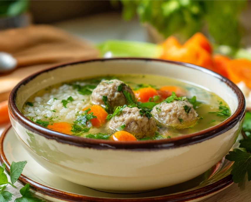 Домашній суп з фрикадельками у тарілці