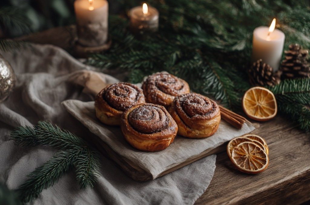 Jak podać cynamonki, by wyglądały świątecznie cinnamon rolls served on wooden board with pine branches