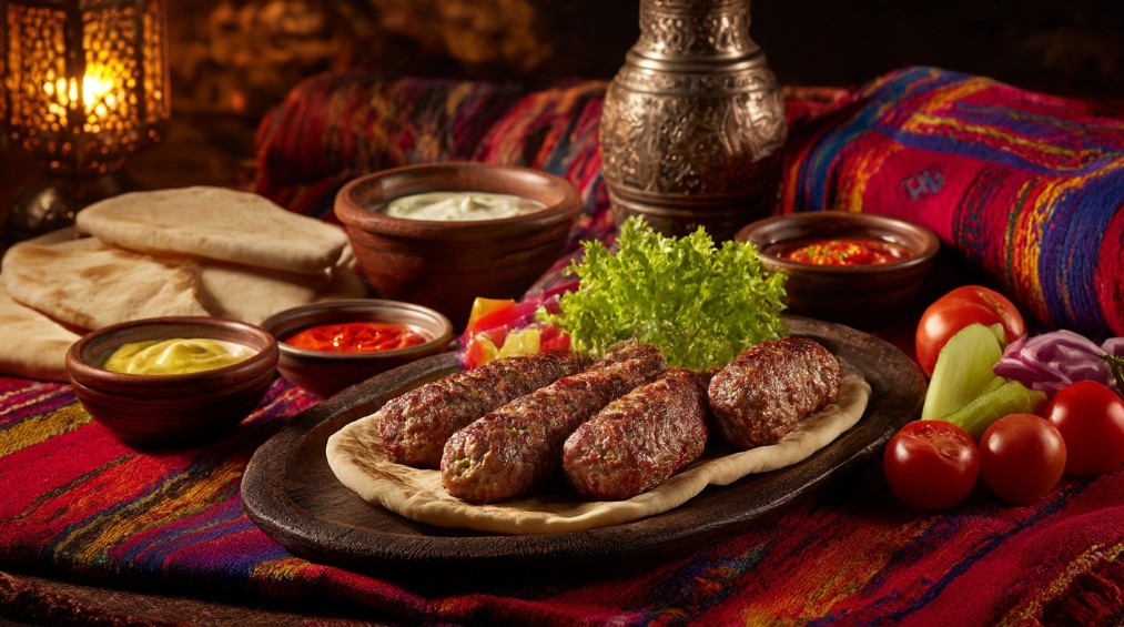 Кебаб з фаршу у східному стилі з пітою, зеленню та соусом на сервіровці