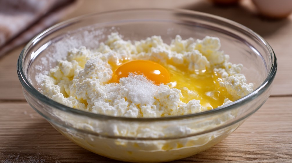 Сир, яйце і цукор у мисці — базова суміш для тіста сирників