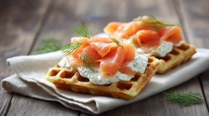 Crispy Homemade Waffles with Smoked Salmon, Cream Cheese, and Fresh Herbs