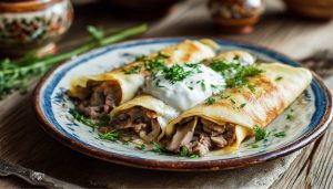 Млинці з м’ясом і грибами