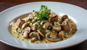 Fleisch in Sauerrahm-Pilz-Sauce