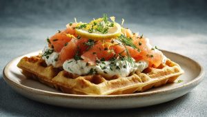 На кожну вафлю покладіть шматочки лосося та вершковий сир, прикрасьте зеленню.