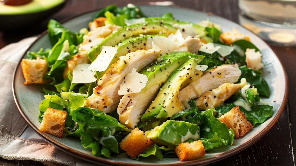 Нарізане куряче філе й авокадо в салаті «Цезар»