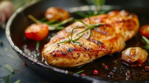 Наріж смажене філе курочки навскіс, посип зеленню.