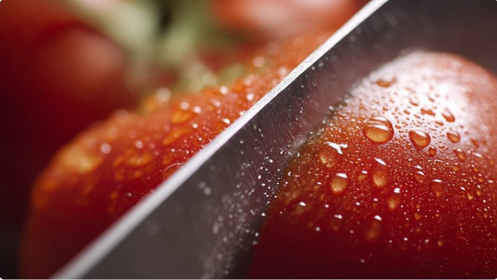 Ніж ковзає по шкірці стиглого помідора під час нарізання