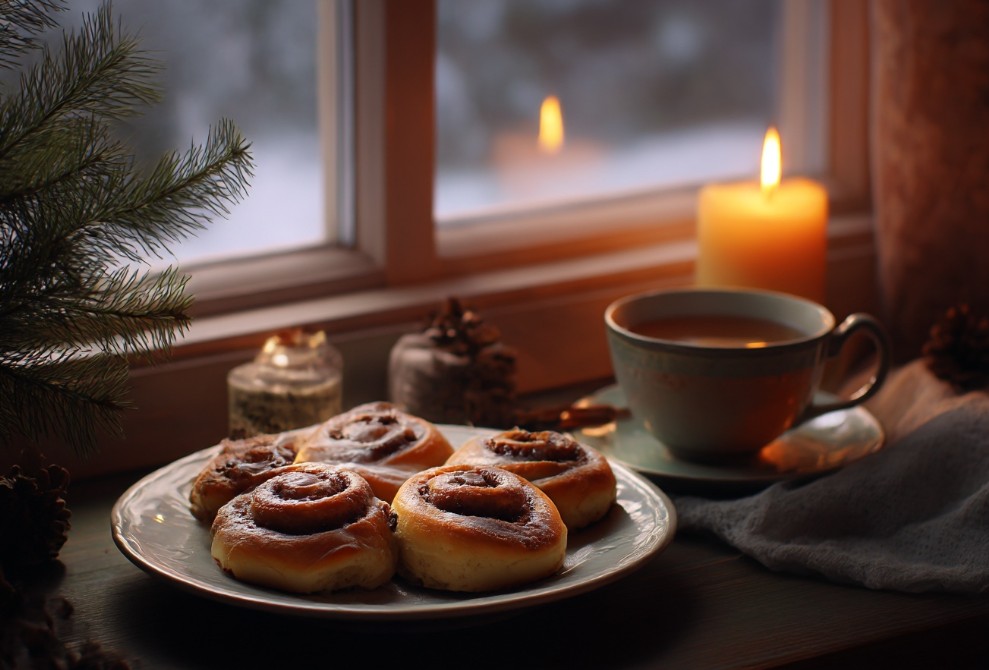 plate of cinnamon rolls, cup of tea, candlelight
