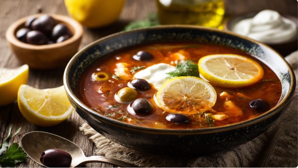 Подача солянки з лимоном, оливками та сметаною