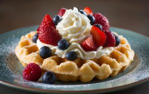 Подавайте бельгійські вафлі з кремом маскарпоне та свіжими ягодами для яскравого смаку.