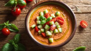 Подавайте гаспачо холодним, прикрасивши свіжими травами.