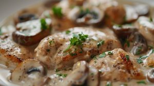 Подавайте готову курку з грибами в сметані разом з картоплею пюре