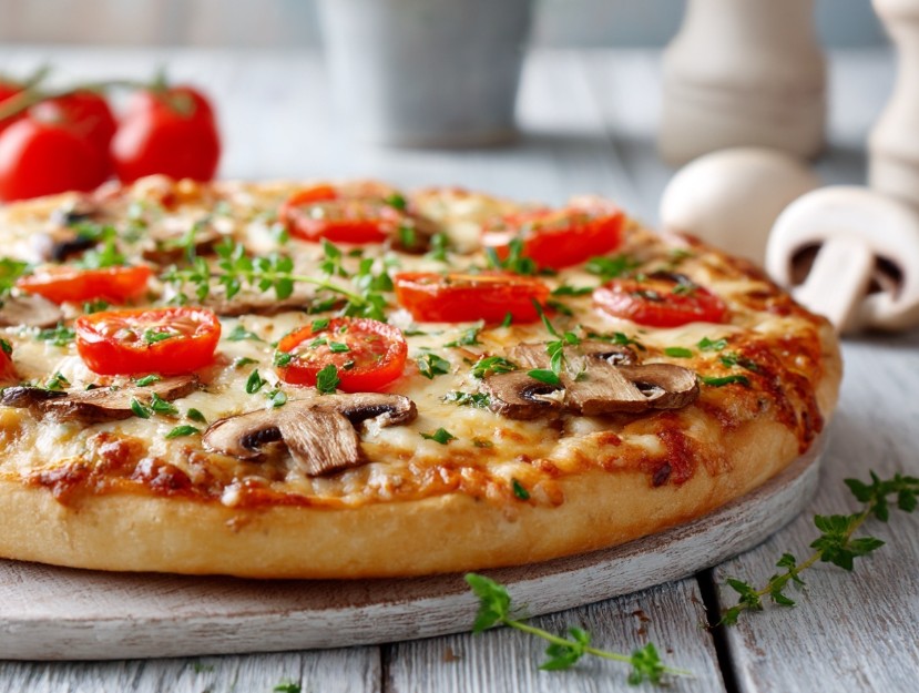 поставив домашню піцу на дерев’яну дошку