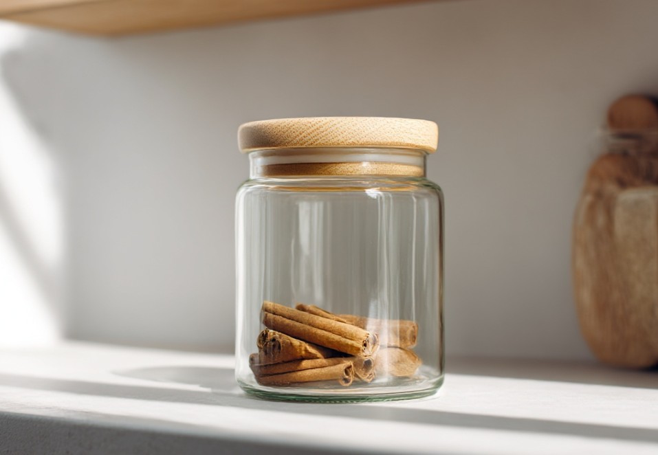 Laski cynamonu przechowywane w szklanym słoiku na półce