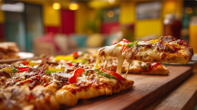 Ресторанна піца майже завжди подається гарячою, часто на дерев’яній дошці або великій тарілці.