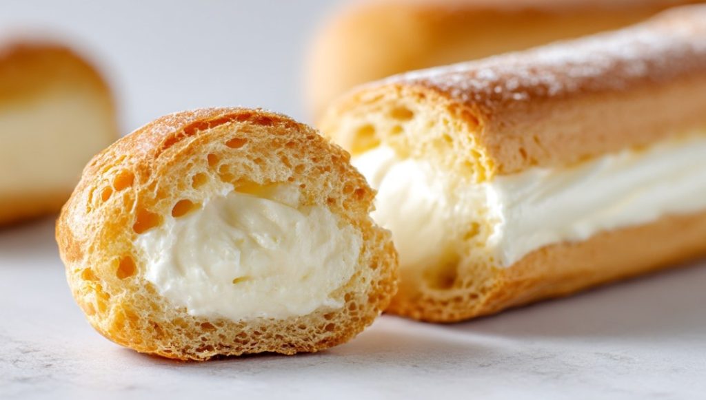 Розріз еклера з густим кремом і порожнистою оболонкою