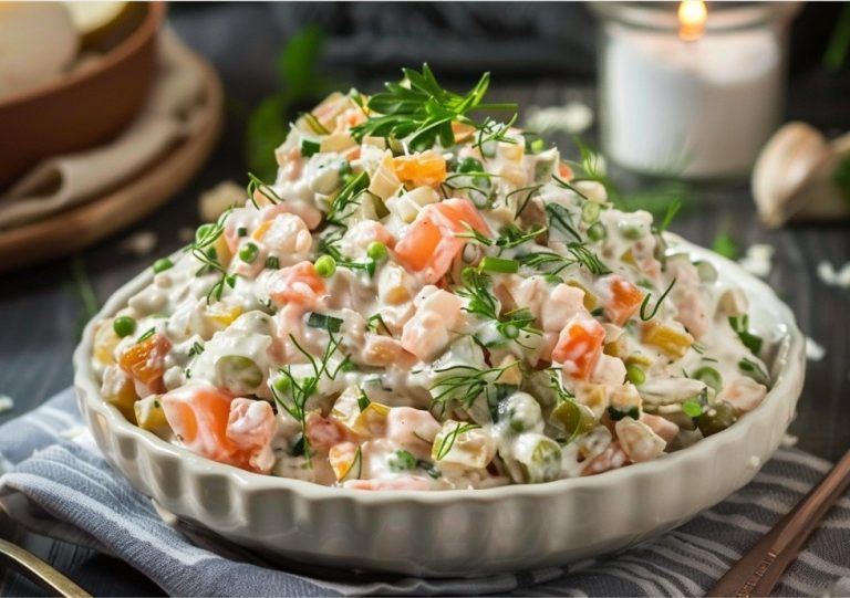 Салат олів’є у мисці, крупний план